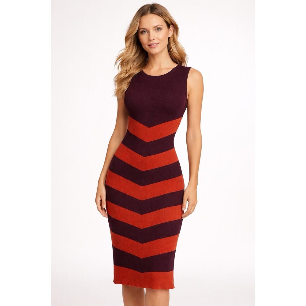 Ted Baker of London Burgundy Orange Chevron Body Con Dress Midi Size 4 US EUC